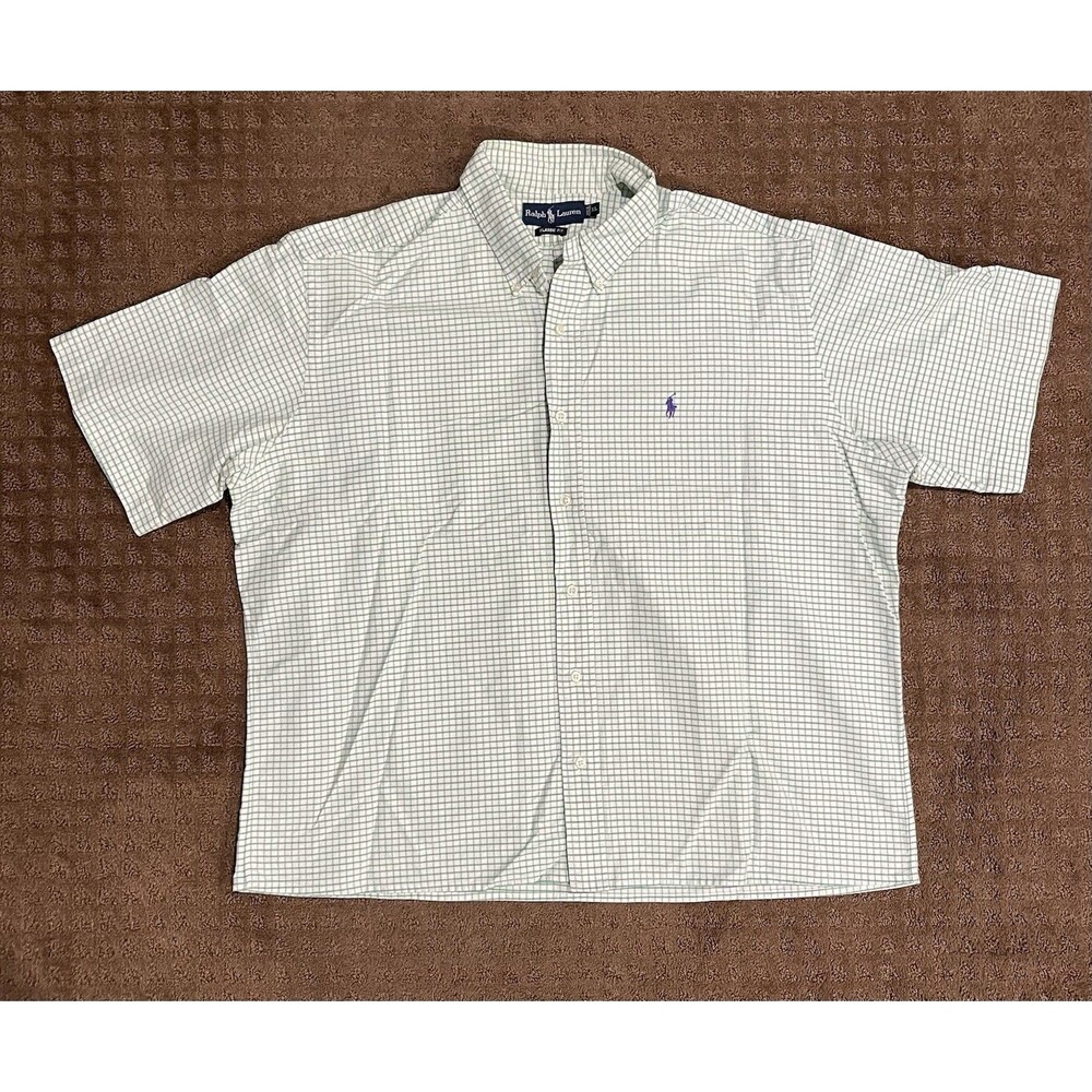 Ralph Lauren Classic Fit Button Down Short Sleeve Shirt Men XL Green White Check